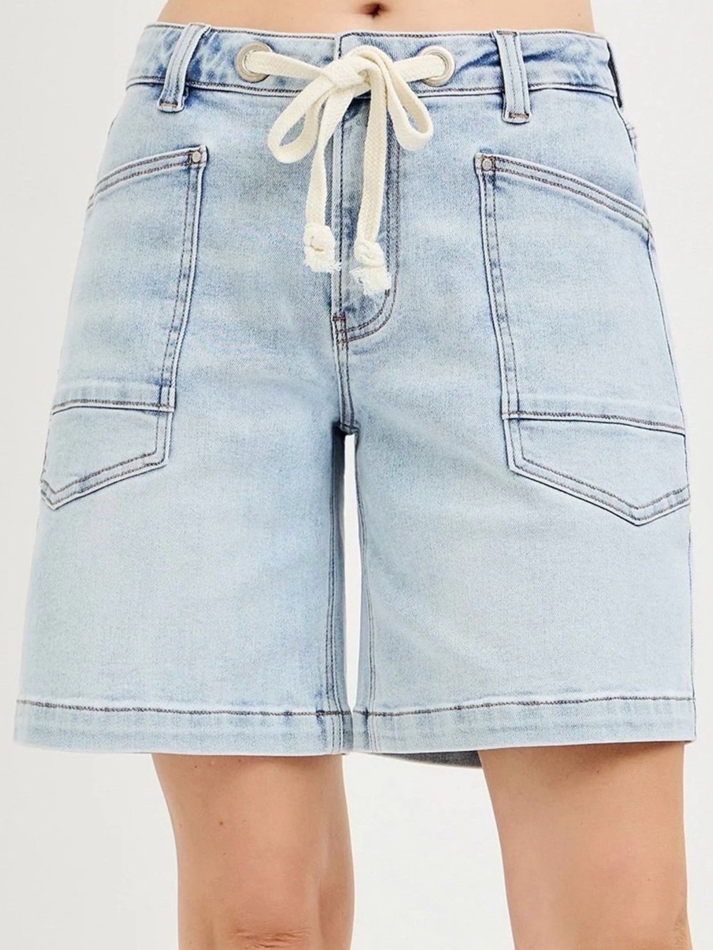 NWT Risen Slouchy Jorts Shorts Mid Rise Denim Light Wash Draw String Women’s S